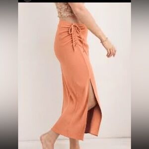 Aerie Ruched Midi Skirt Peach Ribbed Drawstring Side Slit Bodycon XS
